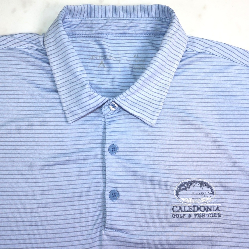 Antigua Mens XL Blue Striped Caledonia Golf & Fish Club Performance Polo Shirt